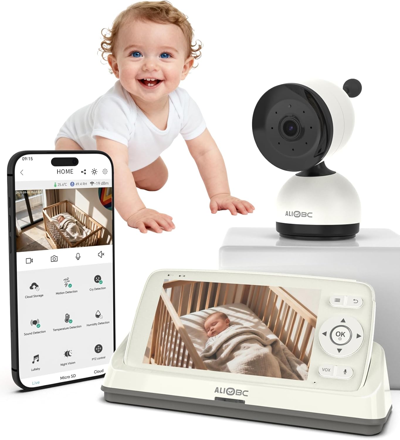 Smart Baby Monitor with Camera and Audio WiFi & No-WiFi Modes AI Cry Detection Night Vision 1080p