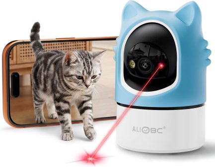 aliobc pet camera with phone app, auto tracking, 2k cat camera, privacy mode, 2 way audio, dual band wifi indoor pet cam night vision, 355° pan（sky blue）