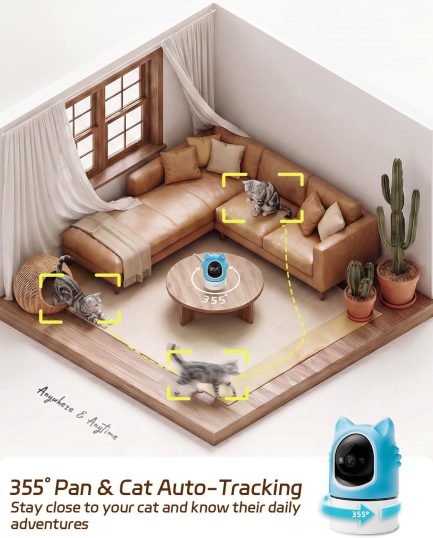 aliobc pet camera with phone app, auto tracking, 2k cat camera, privacy mode, 2 way audio, dual band wifi indoor pet cam night vision, 355° pan（sky blue）