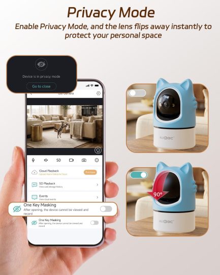aliobc pet camera with phone app, auto tracking, 2k cat camera, privacy mode, 2 way audio, dual band wifi indoor pet cam night vision, 355° pan（sky blue）