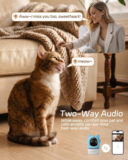 aliobc pet camera with phone app, auto tracking, 2k cat camera, privacy mode, 2 way audio, dual band wifi indoor pet cam night vision, 355° pan（sky blue）